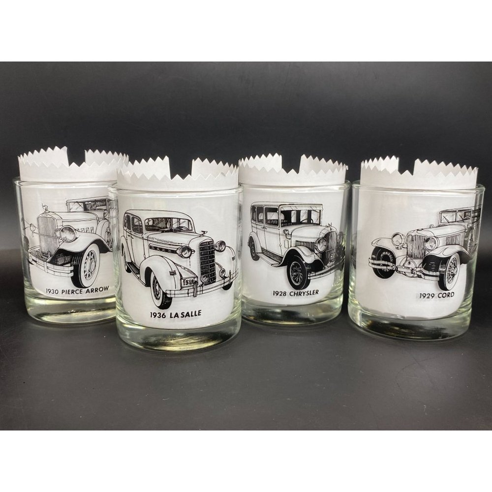 Vintage Low Ball Classic Car Glasses La Salle Pierce Arrow Chrysler Cord Cocktai